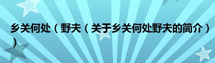 鄉(xiāng)關(guān)何處（野夫（關(guān)于鄉(xiāng)關(guān)何處野夫的簡(jiǎn)介））