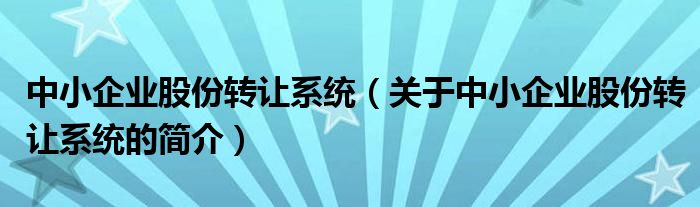 中小企業(yè)股份轉(zhuǎn)讓系統(tǒng)（關(guān)于中小企業(yè)股份轉(zhuǎn)讓系統(tǒng)的簡介）