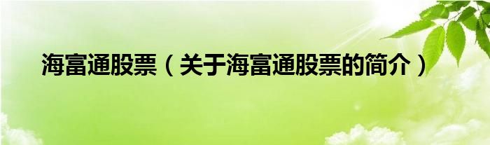 海富通股票（關(guān)于海富通股票的簡(jiǎn)介）