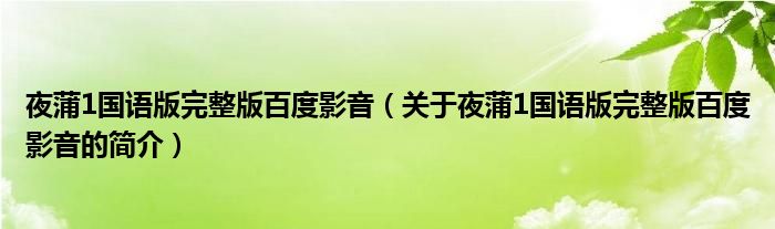 夜蒲1國(guó)語(yǔ)版完整版百度影音（關(guān)于夜蒲1國(guó)語(yǔ)版完整版百度影音的簡(jiǎn)介）