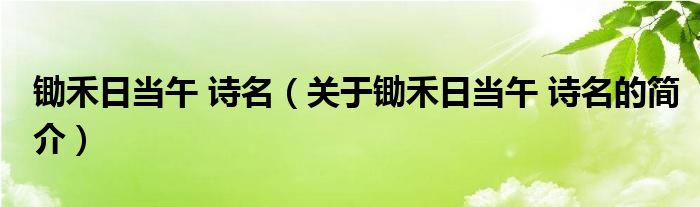 鋤禾日當午 詩名（關(guān)于鋤禾日當午 詩名的簡介）