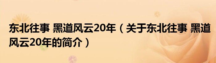 東北往事 黑道風(fēng)云20年（關(guān)于東北往事 黑道風(fēng)云20年的簡介）