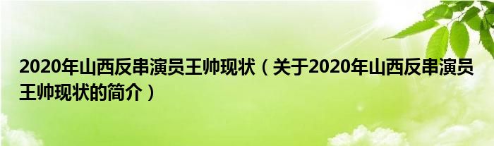 2020年山西反串演員王帥現(xiàn)狀（關于2020年山西反串演員王帥現(xiàn)狀的簡介）