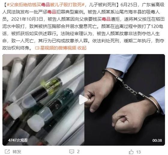 廣東一吸毒者因向父親要錢購買毒品遭拒毆打致死，兒子被判死刑