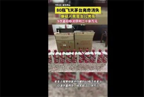 湖北武漢女兒男友盜竊80瓶飛天茅臺(tái)案，涉案金額20萬(wàn)元，警方迅速偵破